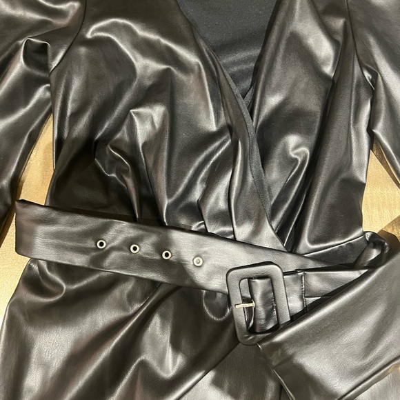 Black Leather V-neck Mini Dress - Picture 5 of 5